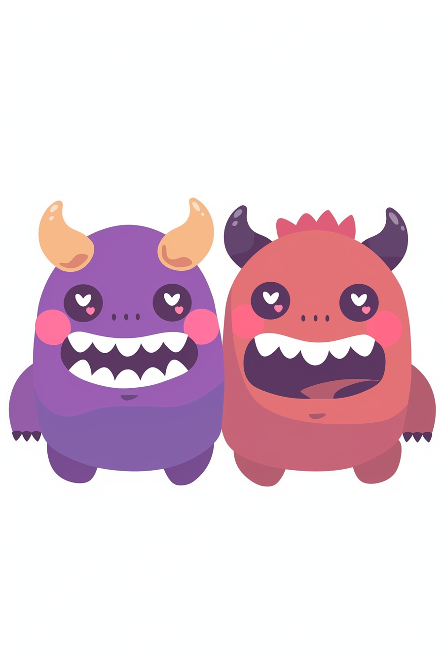 cute halloween drawings for kids featuring two friendly, colorful monsters with heart-shaped eyes.